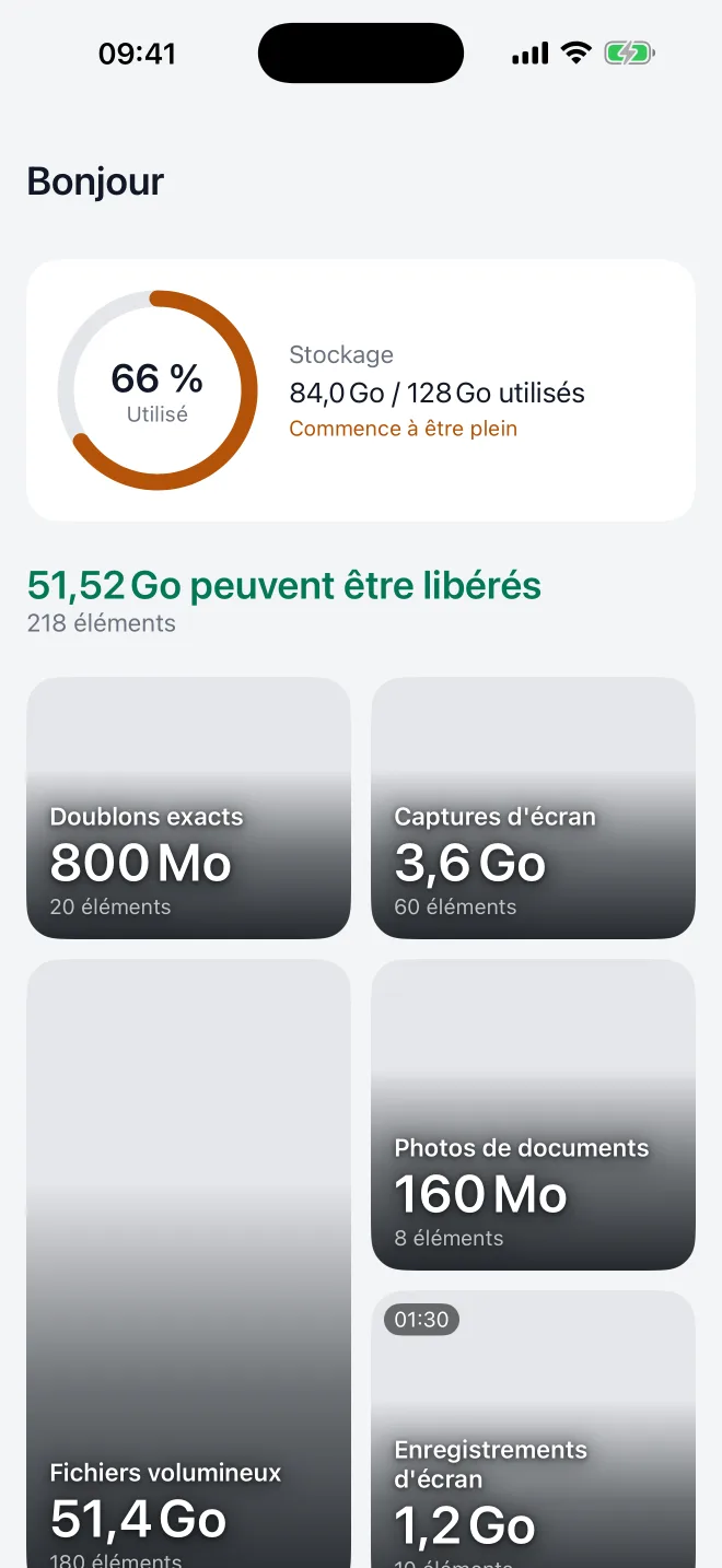 L’onglet Nettoyer analyse le téléphone puis montre l’espace pouvant être libéré